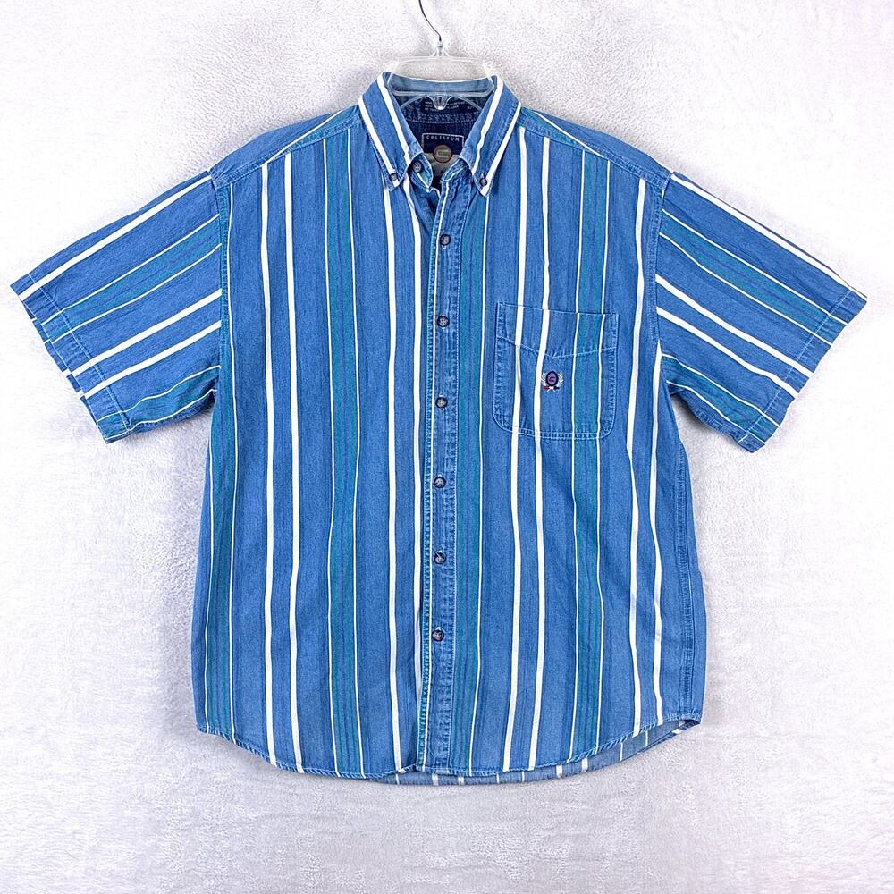 VTG Coliseum Jeans Shirt Mens M Blue Stripe Denim Embroidered Preppy Classic 90s